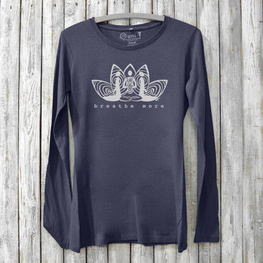 Women's meditation long sleeve T-shirt in navy bamboo and organic cotton with 'Breathe More' lotus graphic. Ideal for yoga and mindfulness wear.
