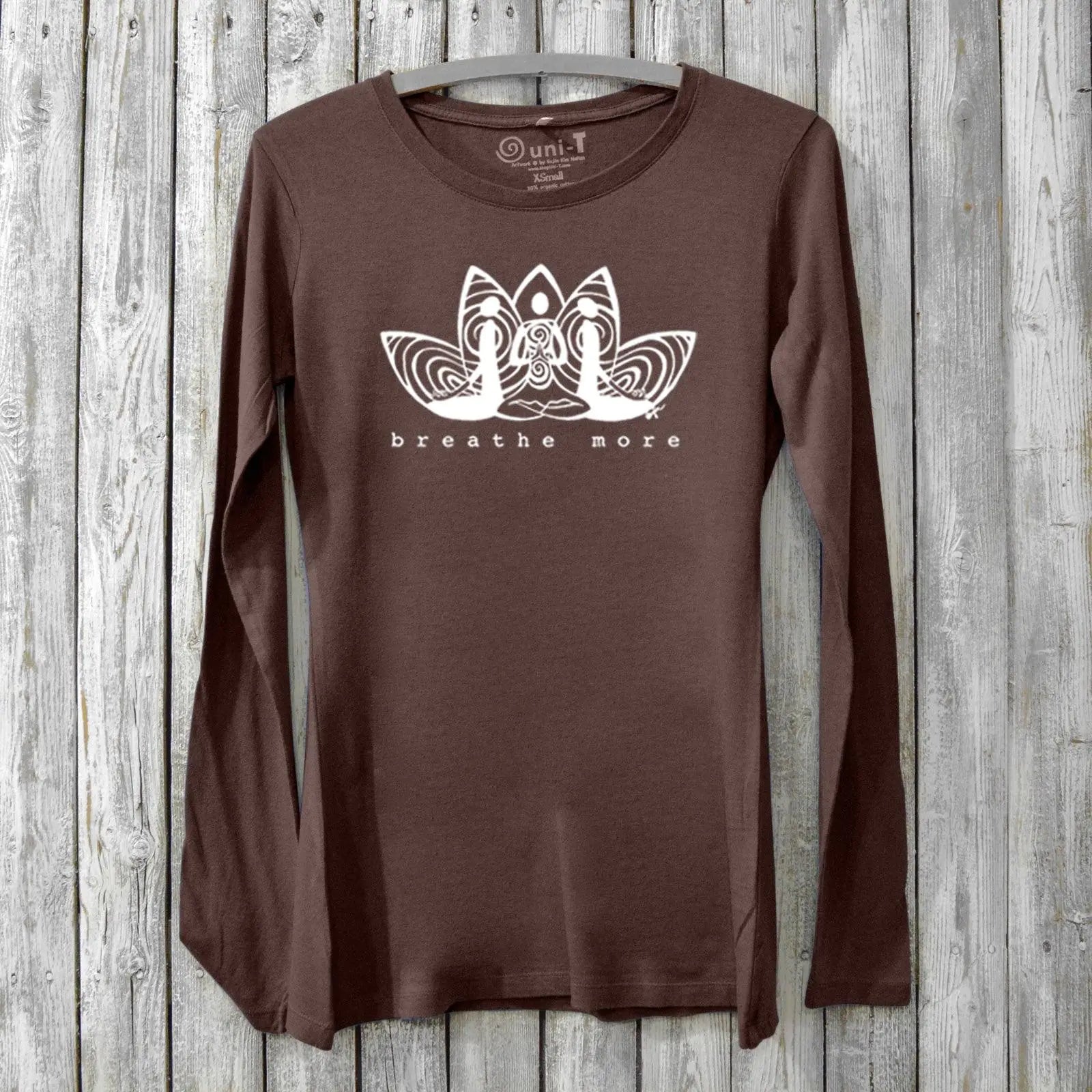 Dark brown women's bamboo and organic cotton long sleeve tee with 'Breathe More' graphic. Soft and stylish for meditation and self-care routines.