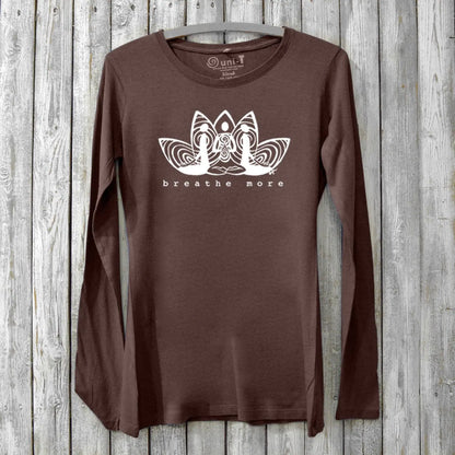 Dark brown women's bamboo and organic cotton long sleeve tee with 'Breathe More' graphic. Soft and stylish for meditation and self-care routines.