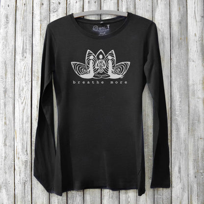 Black women's long sleeve mindfulness T-shirt in bamboo and organic cotton with 'Breathe More' lotus print. Great yoga and relaxation apparel gift.