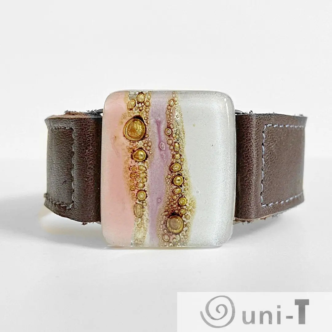 Brown Leather Cuff with Recycled Fused Glass - Narrow Carolina Portillo