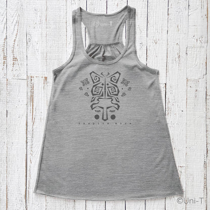 "Inspire More" Tank Top in heather gray with butterfly face design, eco-friendly and USA-made. Flowy racerback style ideal for personal growth wear.