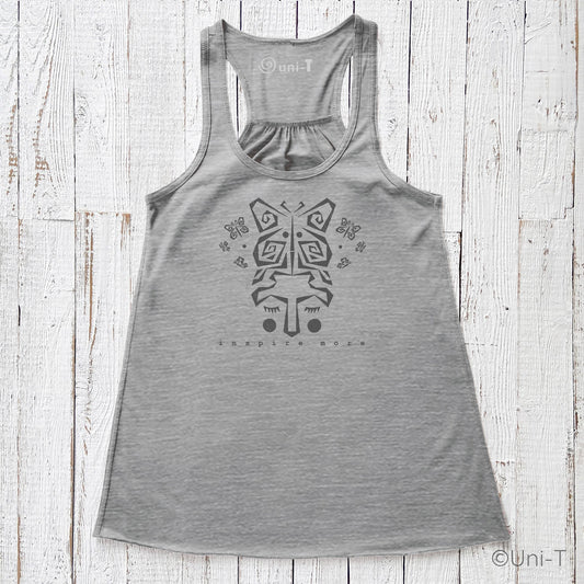 "Inspire More" Tank Top in heather gray with butterfly face design, eco-friendly and USA-made. Flowy racerback style ideal for personal growth wear.