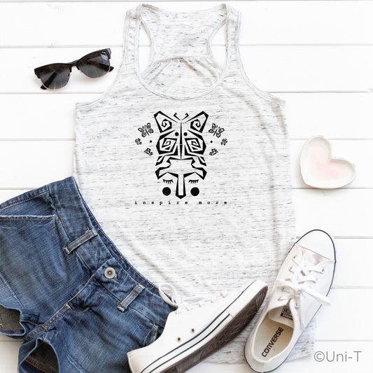 White "Inspire More" Butterfly Tank Top styled with denim shorts and sneakers. Soft, eco-conscious tank top for women embracing transformation.