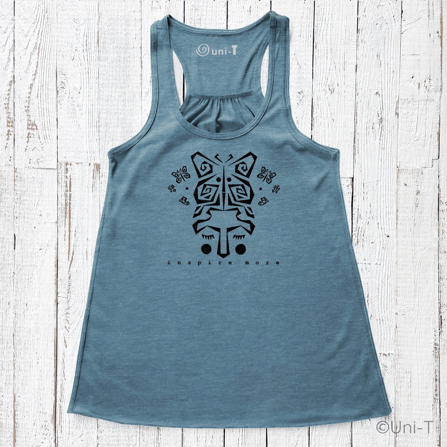 Blue eco-friendly "Inspire More" Butterfly Tank Top with flowy racerback cut. Ideal for women promoting metamorphosis and inspiration.