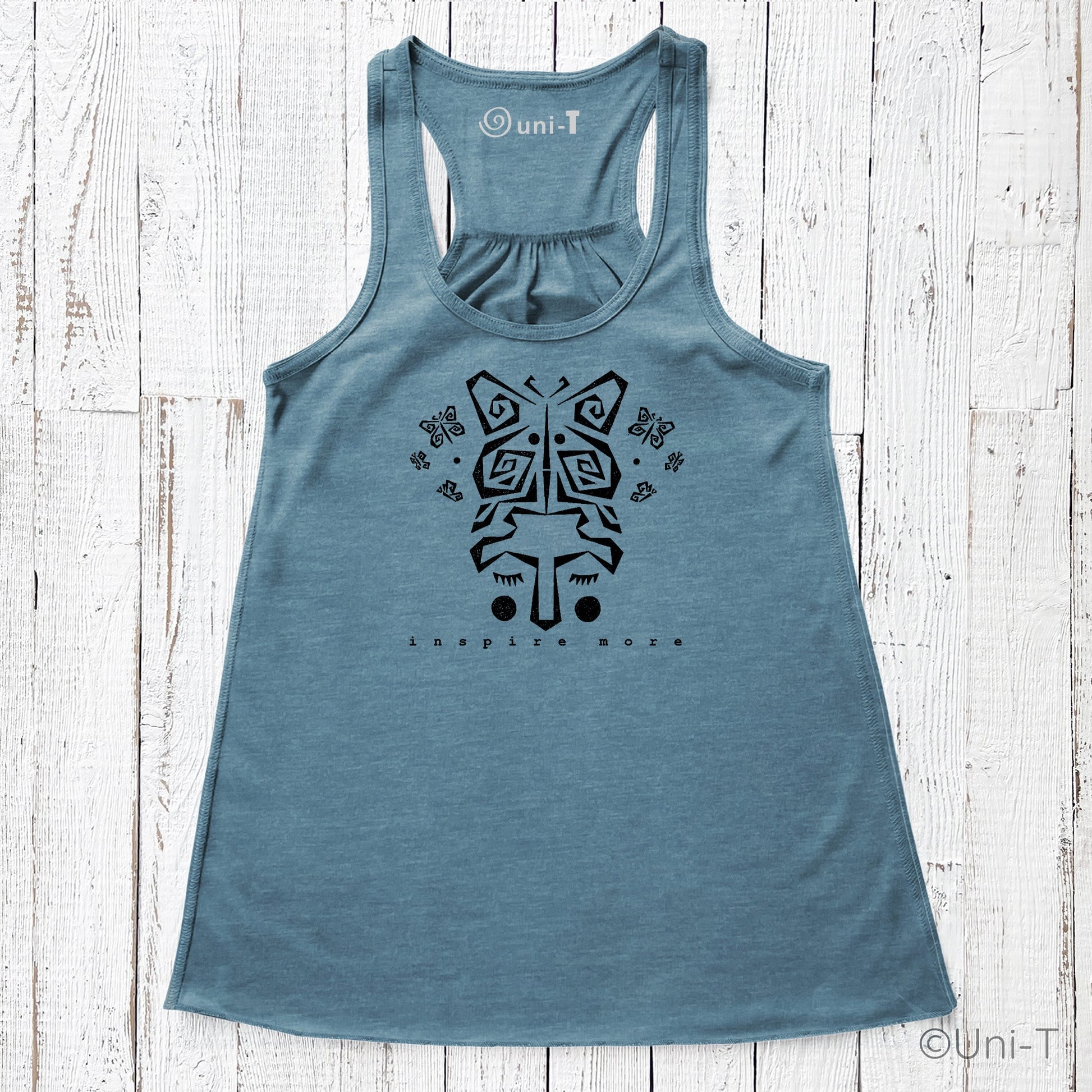 Blue eco-friendly "Inspire More" Butterfly Tank Top with flowy racerback cut. Ideal for women promoting metamorphosis and inspiration.
