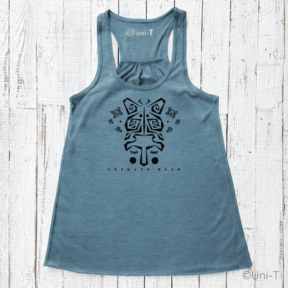 Blue eco-friendly "Inspire More" Butterfly Tank Top with flowy racerback cut. Ideal for women promoting metamorphosis and inspiration.