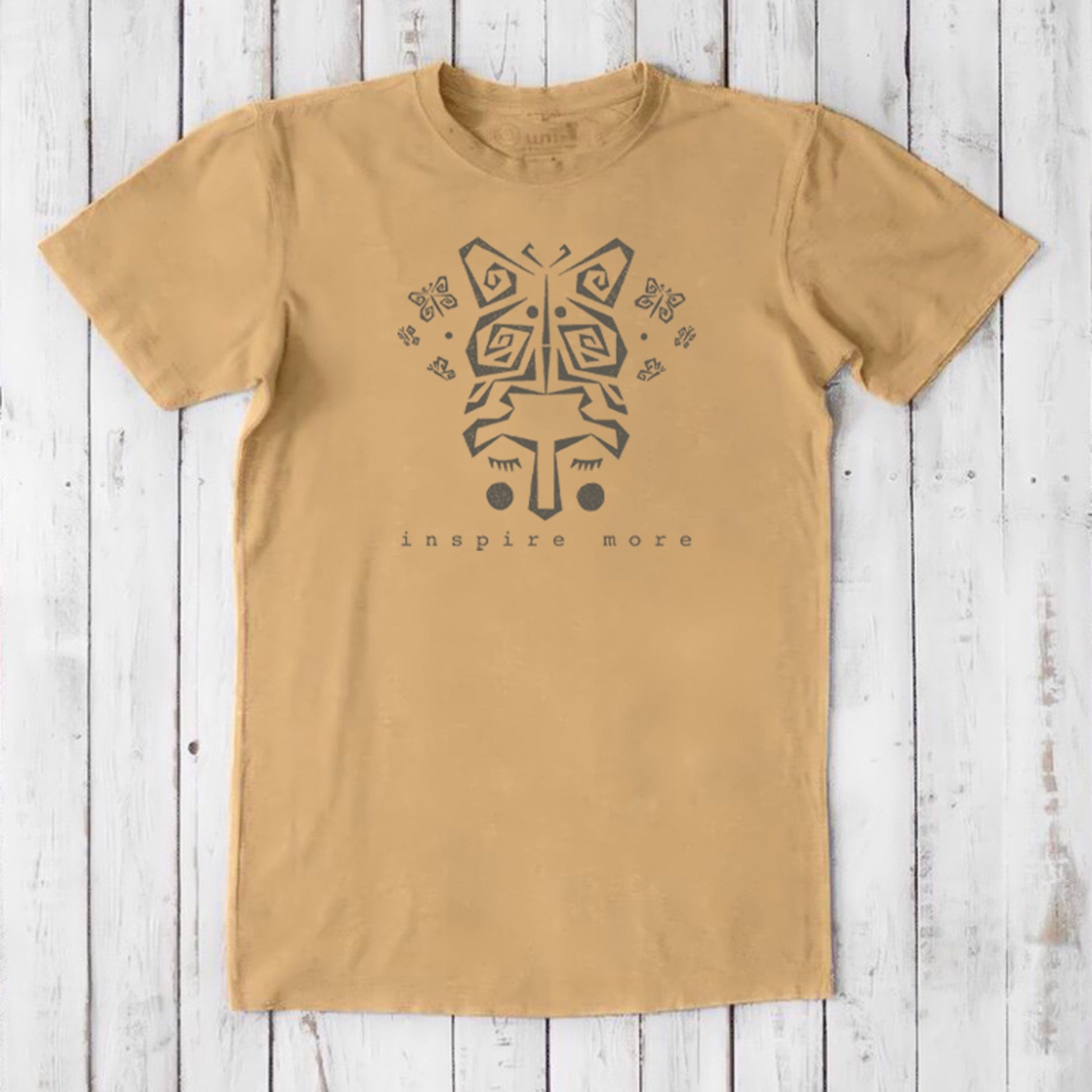 Men's Butterfly T-Shirt in Bamboo & Organic Cotton in tan with 'Inspire More' metamorphosis art. Sustainable classic fit tee for growth & change.