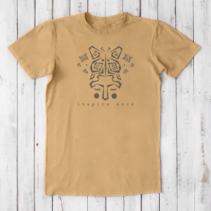 Men's Butterfly T-Shirt in Bamboo & Organic Cotton in tan with 'Inspire More' metamorphosis art. Sustainable classic fit tee for growth & change.