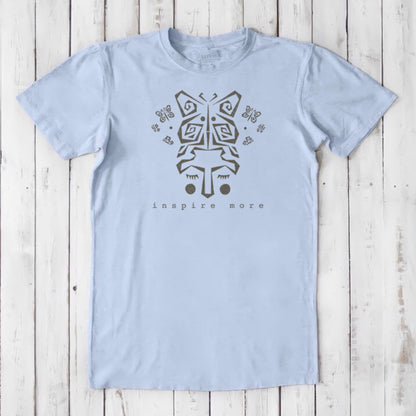 Light blue men's bamboo & organic cotton graphic tee with butterfly and hands design. 'Inspire More' message promotes transformation and mindfulness.