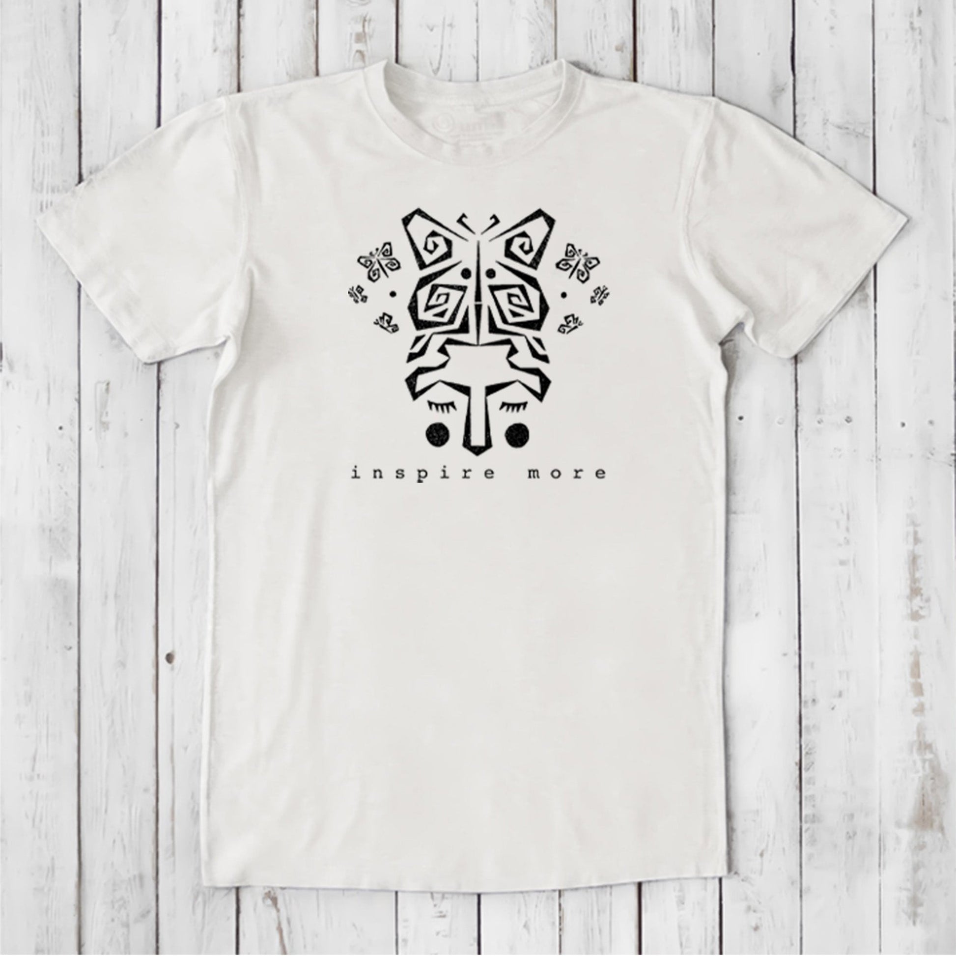 White men's organic cotton and bamboo t-shirt with black butterfly art and 'Inspire More' text. Eco-friendly gift tee for personal growth lovers.