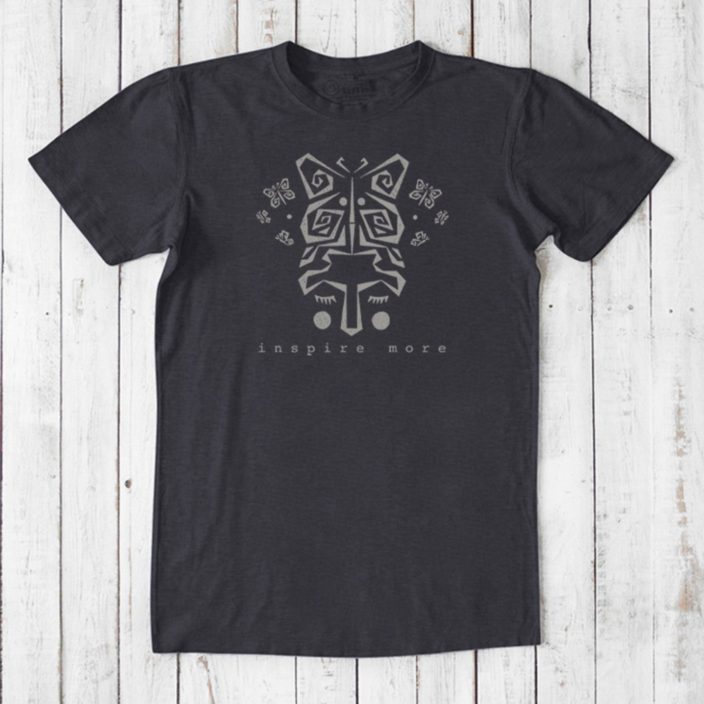 Charcoal men's bamboo blend t-shirt featuring abstract butterfly and hands graphic. Classic fit tee with 'Inspire More' for transformation seekers.