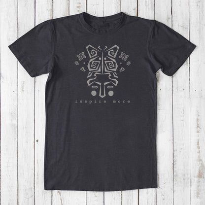Charcoal men's bamboo blend t-shirt featuring abstract butterfly and hands graphic. Classic fit tee with 'Inspire More' for transformation seekers.