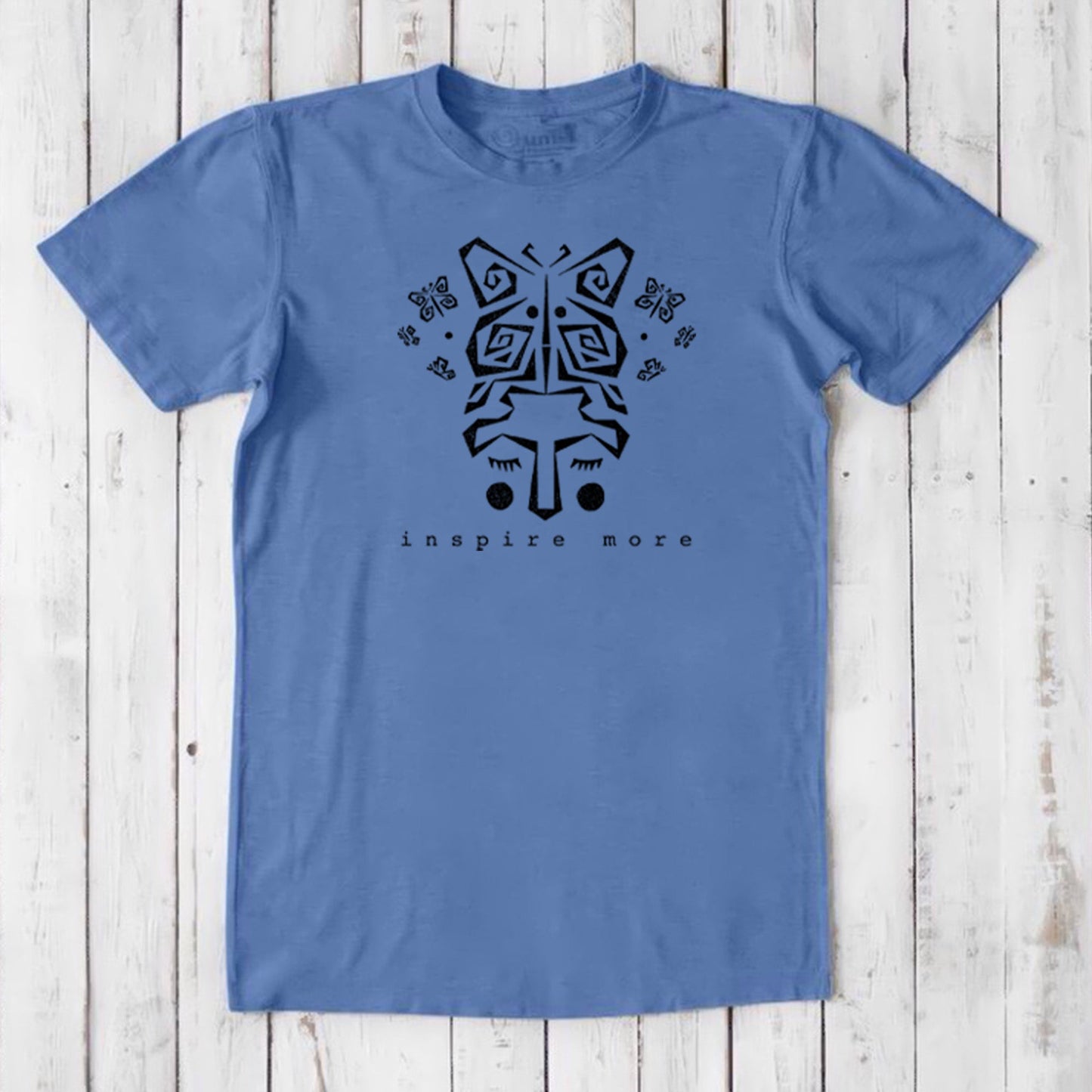 Blue men's butterfly t-shirt in bamboo & organic cotton with black metamorphosis graphic. Sustainable gift tee for inspiration and change.