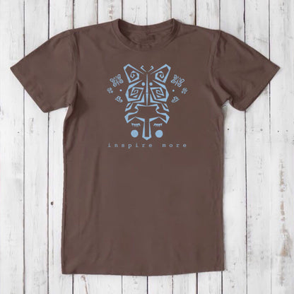 Brown men's graphic tee made from bamboo and organic cotton. Features light blue butterfly art and 'Inspire More' message for mindful living.