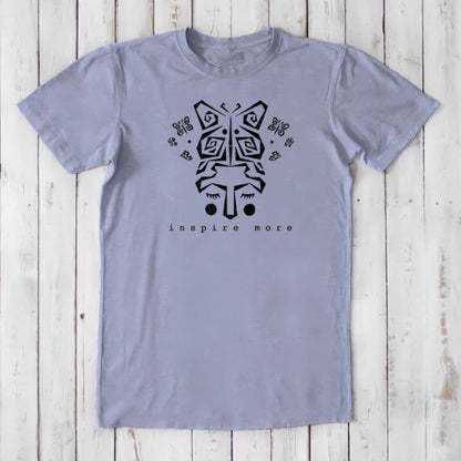 Lavender men's bamboo and organic cotton t-shirt with black butterfly art. 'Inspire More' graphic tee for transformation and eco-conscious style.