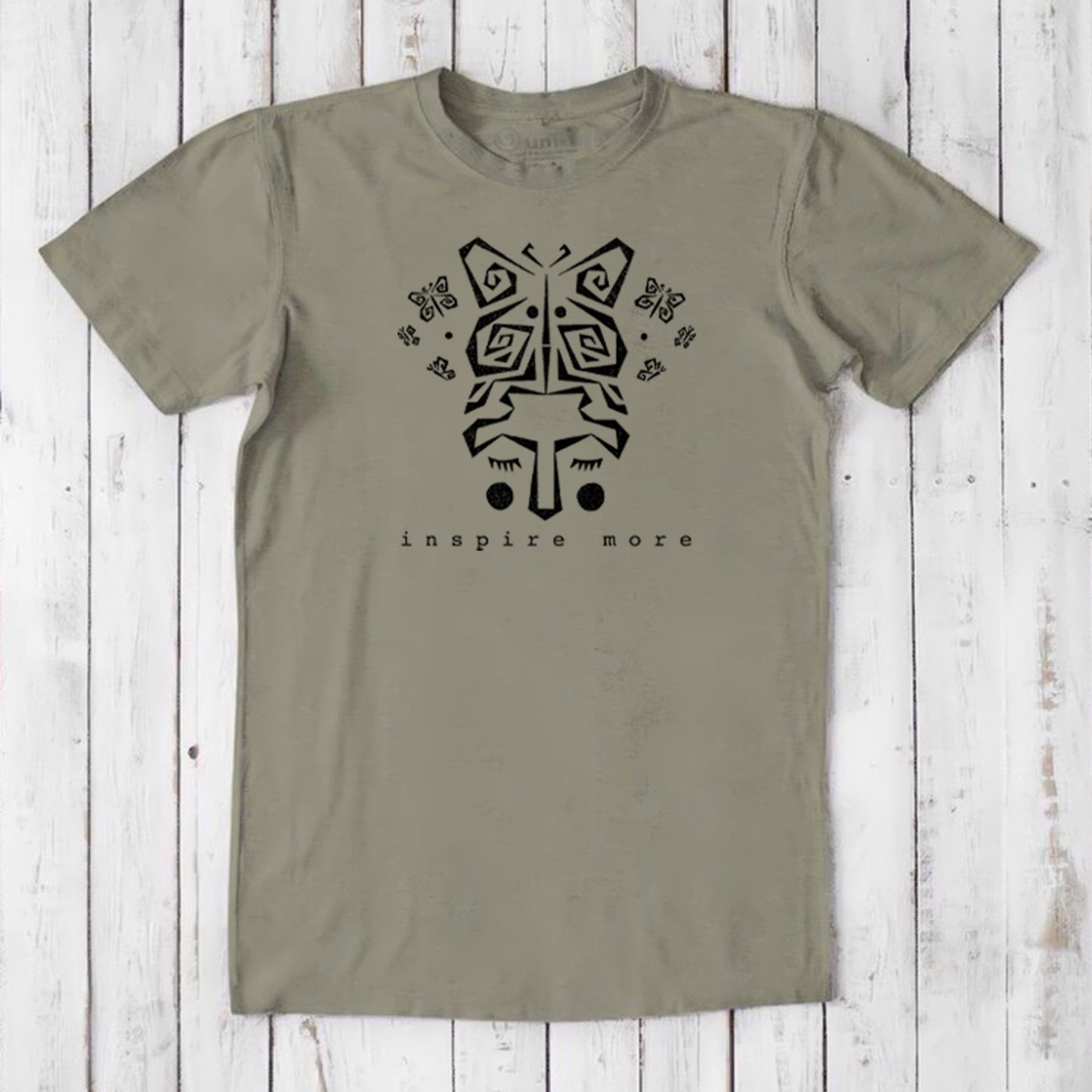 Olive green men's butterfly t-shirt in bamboo & organic cotton. Black graphic with 'Inspire More' message for sustainable fashion lovers.