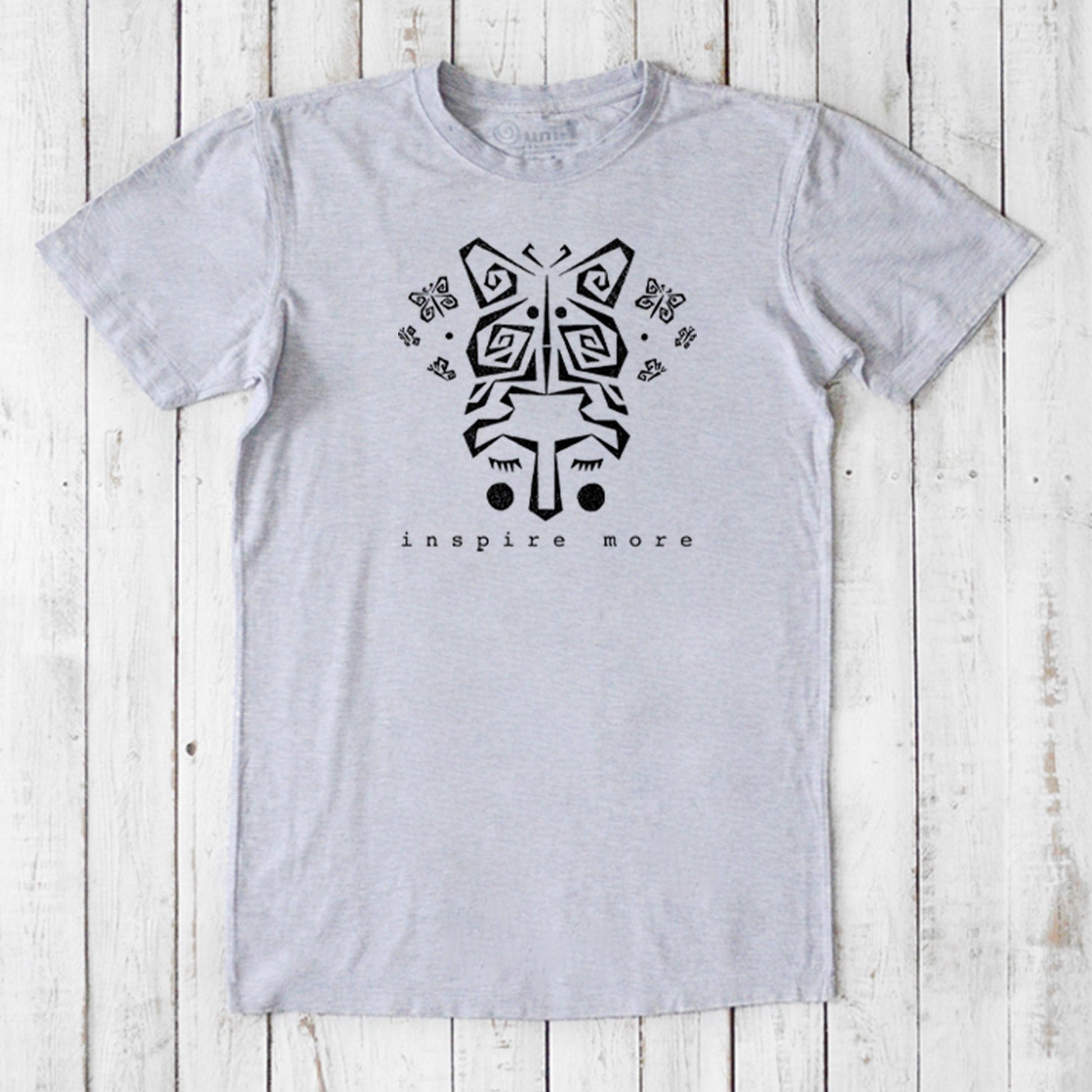 Heather gray men's t-shirt with black butterfly and hands design. Bamboo & organic cotton blend tee with 'Inspire More' for mindful gifting.
