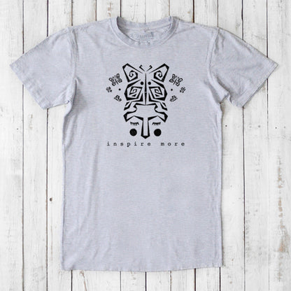 Heather gray men's t-shirt with black butterfly and hands design. Bamboo & organic cotton blend tee with 'Inspire More' for mindful gifting.