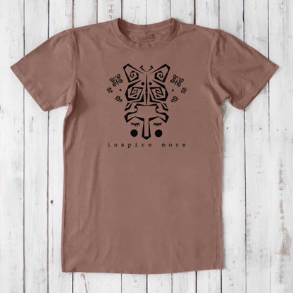 Clay brown men's graphic tee with black butterfly art and 'Inspire More' text. Eco-friendly bamboo and organic cotton shirt for transformation.