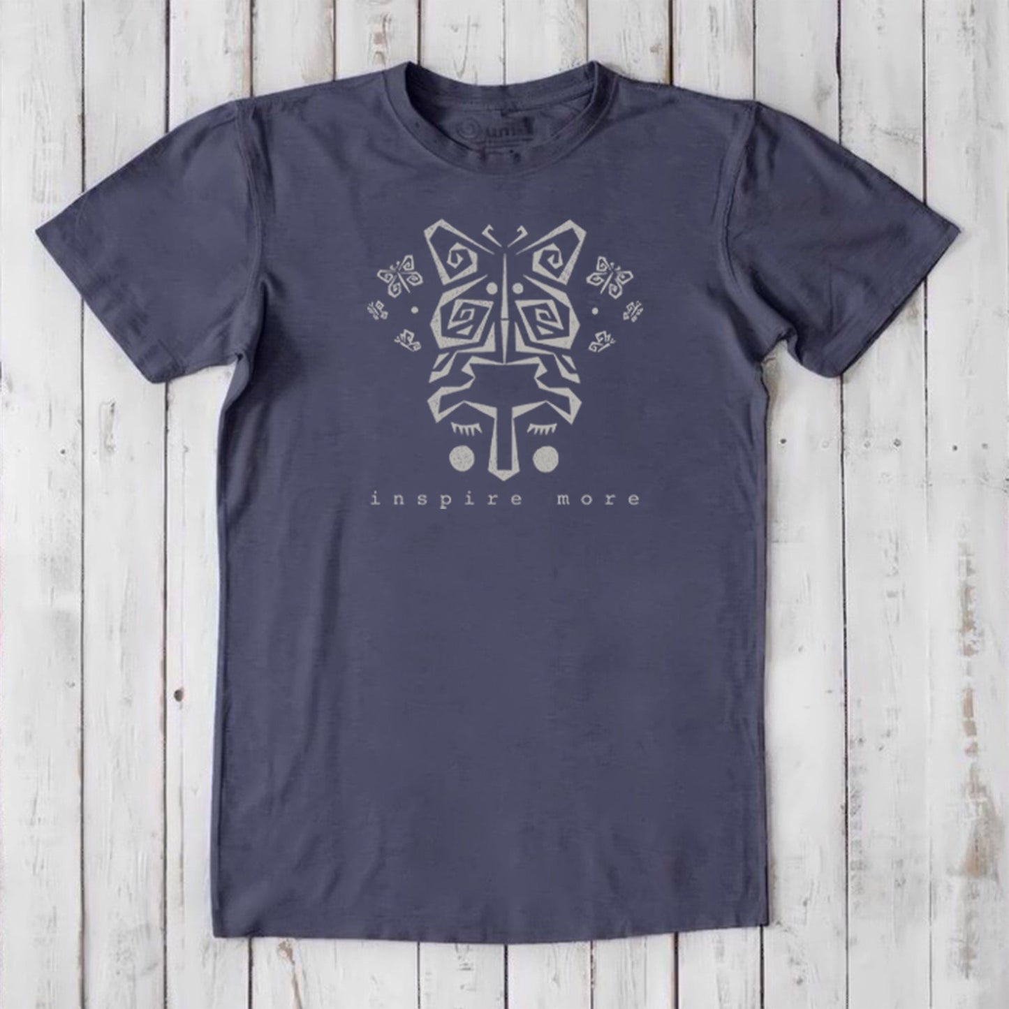 Slate blue men's t-shirt in bamboo & organic cotton with light butterfly art. 'Inspire More' graphic tee for growth, change, and sustainability.