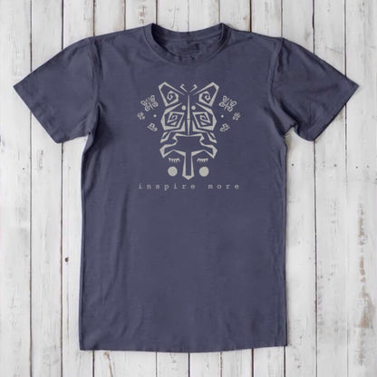 Slate blue men's t-shirt in bamboo & organic cotton with light butterfly art. 'Inspire More' graphic tee for growth, change, and sustainability.