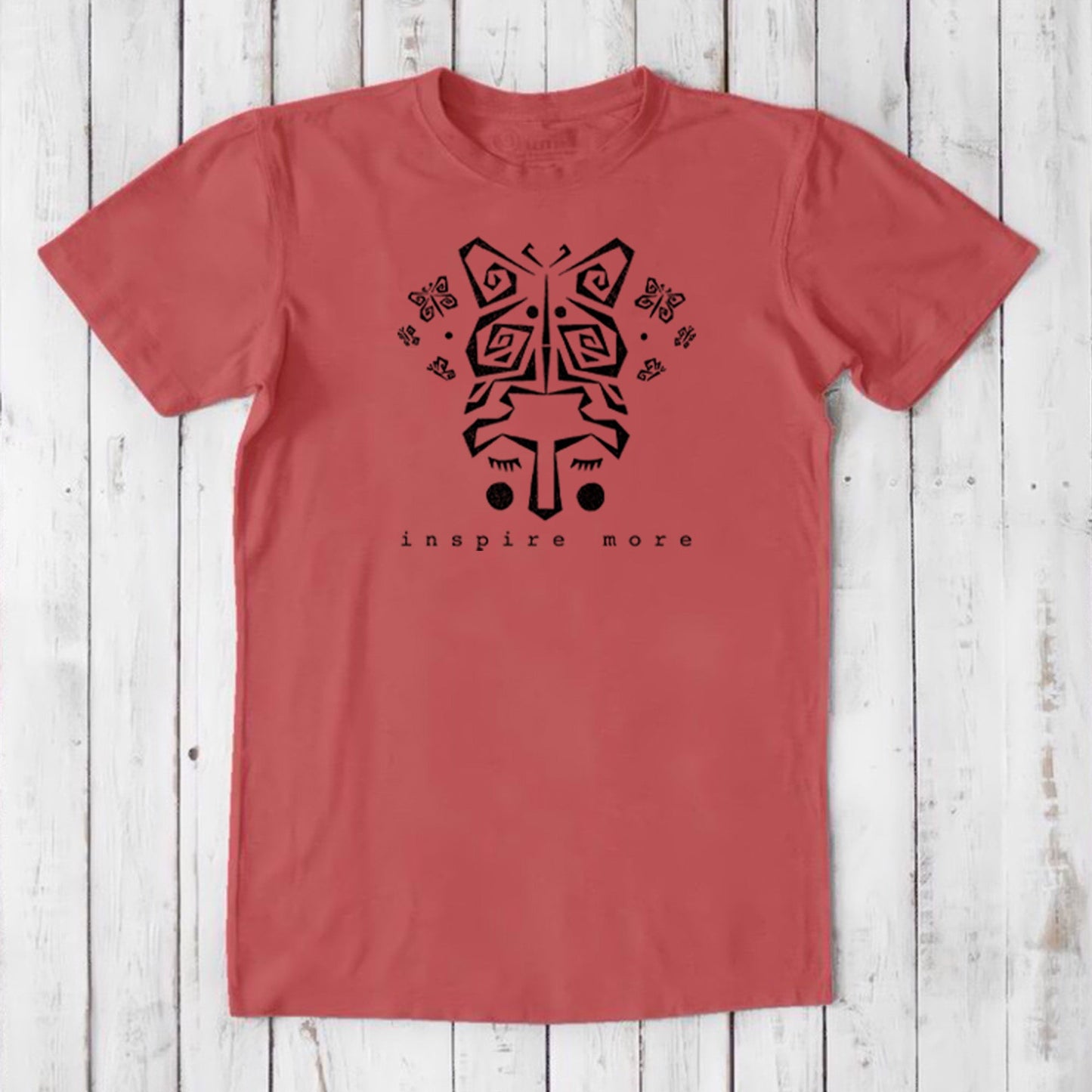 Coral red men's butterfly t-shirt in bamboo & organic cotton. Black metamorphosis art and 'Inspire More' message for eco-conscious inspiration.