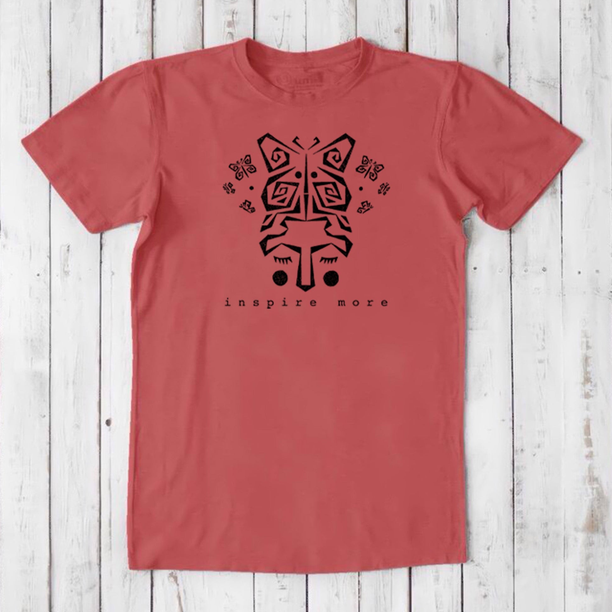 Coral red men's butterfly t-shirt in bamboo & organic cotton. Black metamorphosis art and 'Inspire More' message for eco-conscious inspiration.