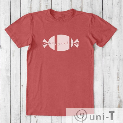 Men's funny candy t-shirt in red clay color with 'Candytarian' graphic, made from bamboo and organic cotton. Classic fit tee for sweet tooth humor lovers.