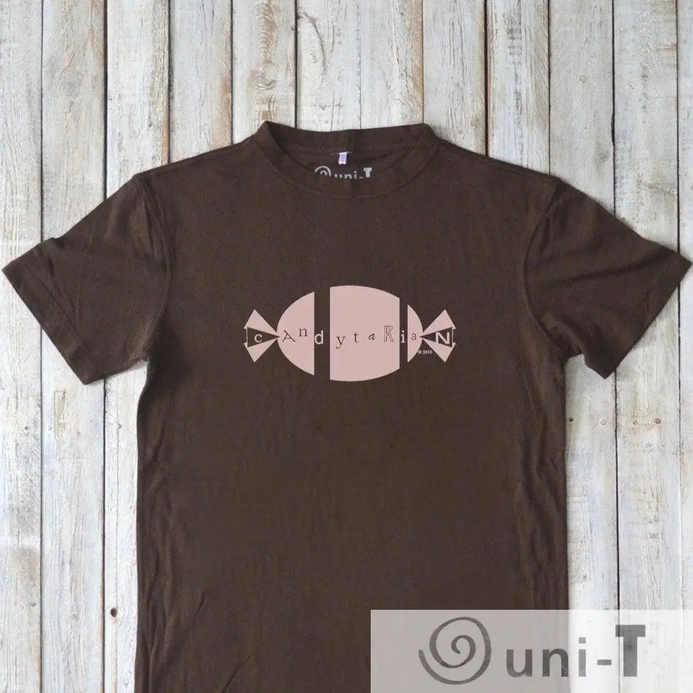 Brown men's 'Candytarian' graphic t-shirt made from sustainable bamboo and organic cotton. Humorous candy-themed design, ideal gift for him.