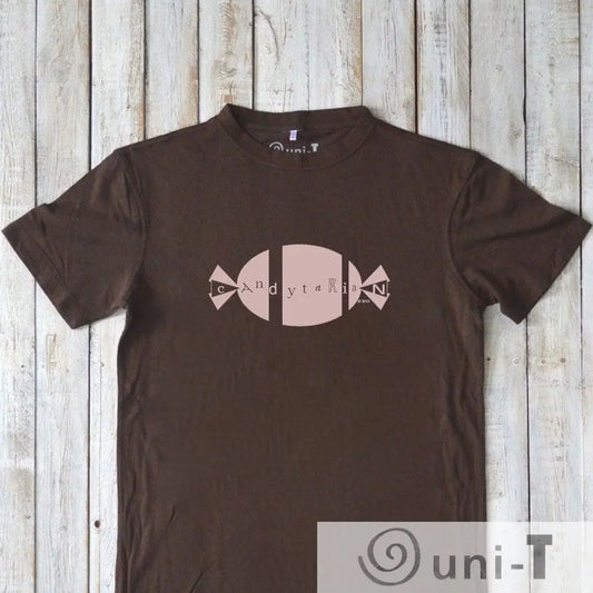Brown men's 'Candytarian' graphic t-shirt made from sustainable bamboo and organic cotton. Humorous candy-themed design, ideal gift for him.