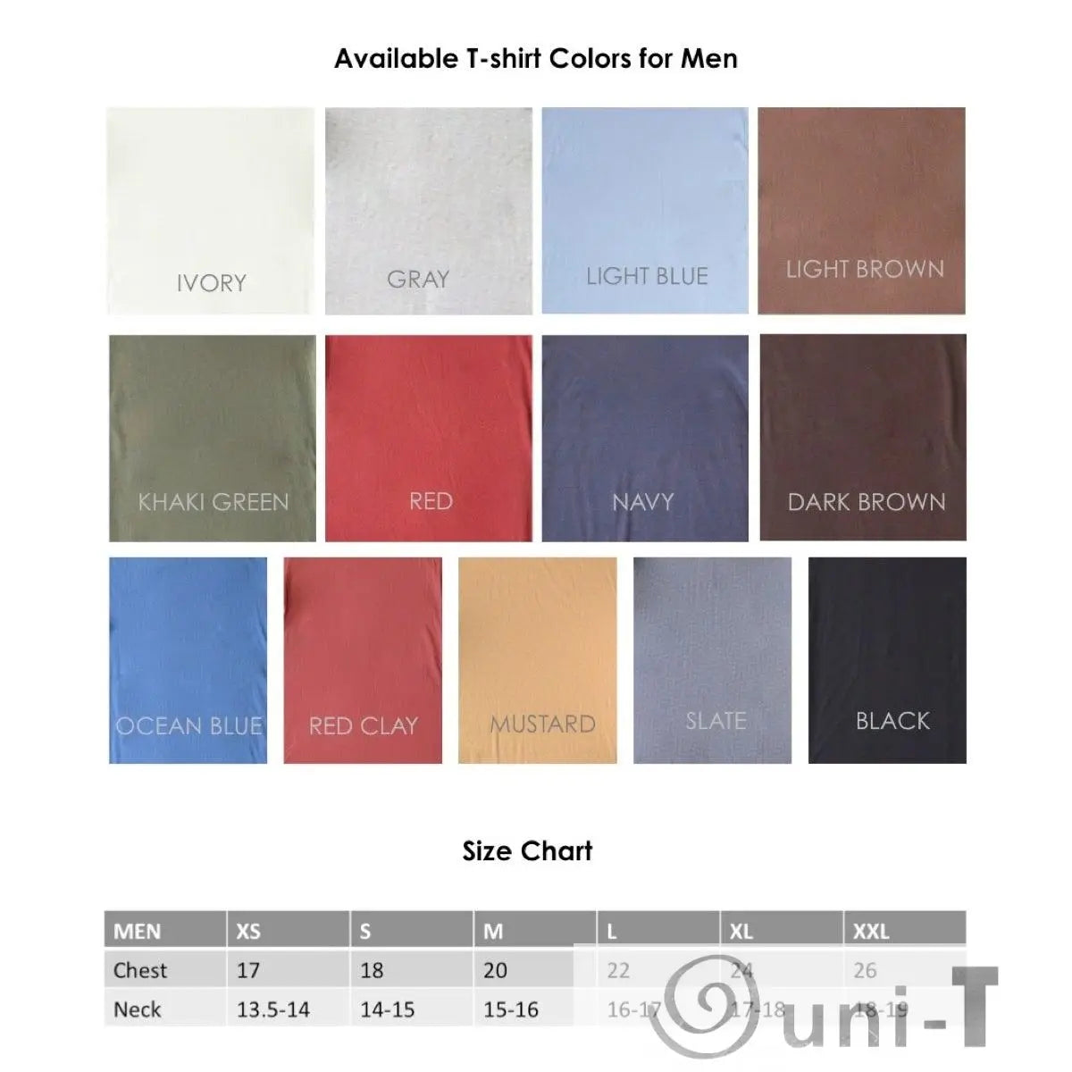 Color and size chart for men's 'Candytarian' bamboo and organic cotton t-shirt by Uni-T. Includes 12 color options and size measurements from XS to XXL.
