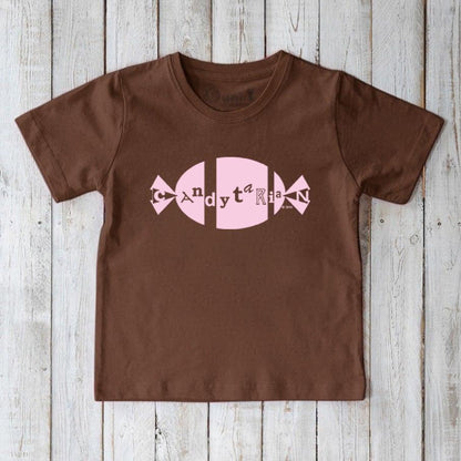 Kids' Candy Organic Cotton T-Shirt in brown with pink candy graphic and 'Candytarian' text, eco-friendly funny tee by Uni-T.