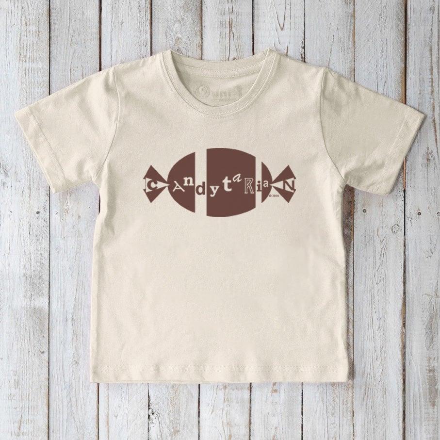 Cream Kids' Organic Cotton T-Shirt featuring brown candy graphic and playful 'Candytarian' text, sustainable humorous top for children.