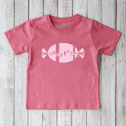 Pink Kids' Candy Organic Cotton T-Shirt with light pink candy graphic and whimsical 'Candytarian' lettering, soft eco-friendly tee.