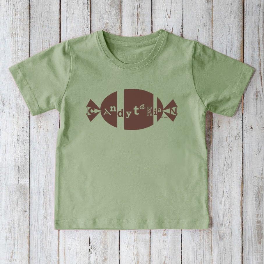 Green Kids' Organic Cotton T-Shirt with brown candy design and quirky 'Candytarian' text, eco-conscious and playful children's top.
