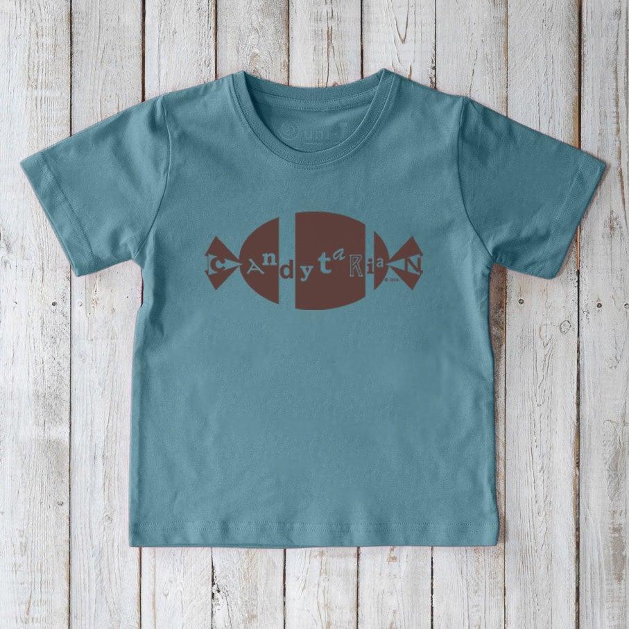 Blue Kids' Candy Organic Cotton T-Shirt with brown candy graphic and fun 'Candytarian' text, sustainable and humorous apparel for kids.