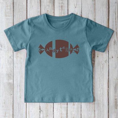 Blue Kids' Candy Organic Cotton T-Shirt with brown candy graphic and fun 'Candytarian' text, sustainable and humorous apparel for kids.