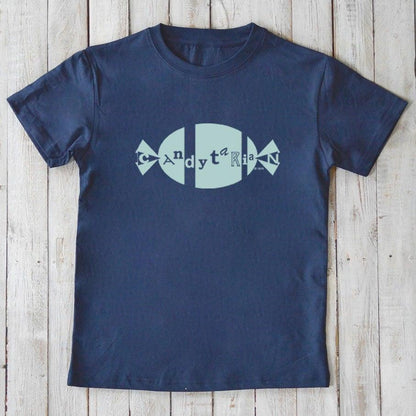 Navy Kids' Organic Cotton T-Shirt with light blue candy graphic and 'Candytarian' text, eco-friendly and funny graphic tee for children.
