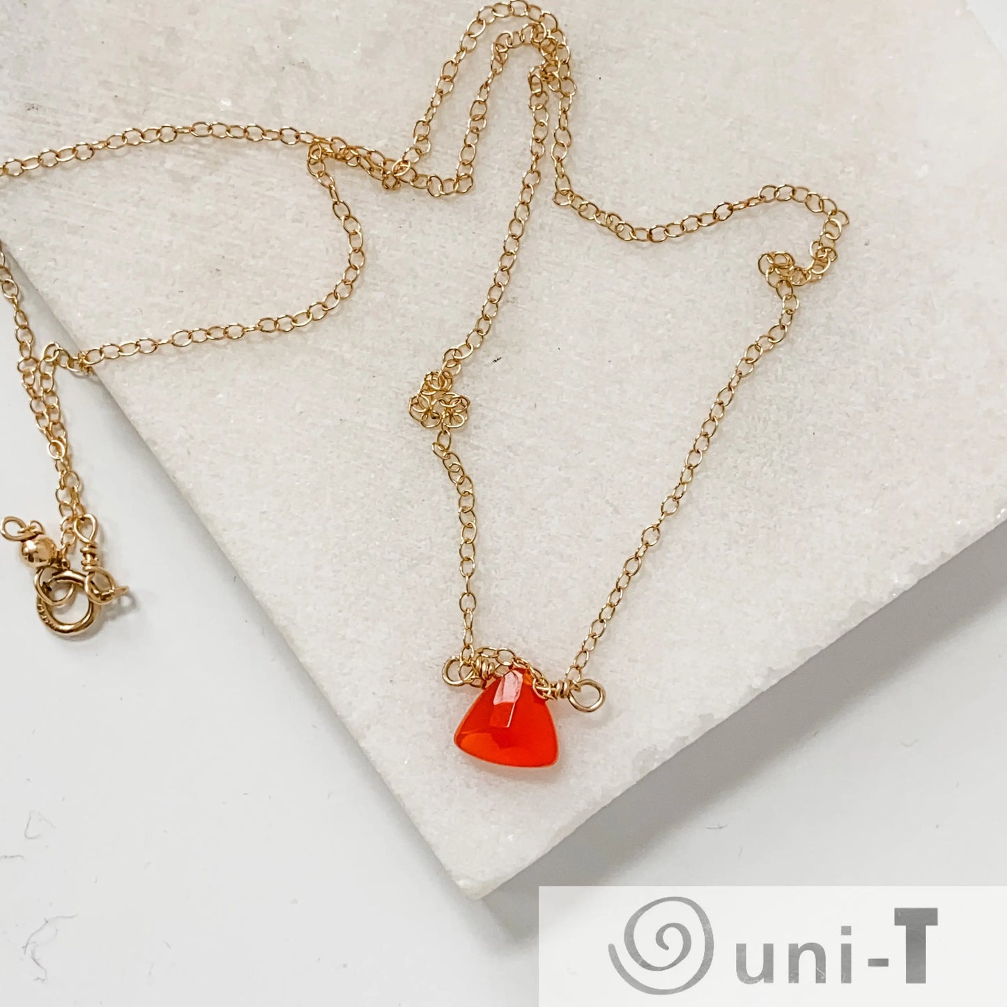 Uni-T Carnelian Gemstone Necklace laid flat showing spring ring clasp and dainty gold-filled chain with vibrant red gemstone pendant.