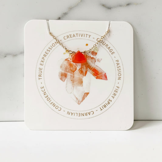 Carnelian Gemstone Necklace from Uni-T displayed on branded card highlighting creativity, courage, and passion with gemstone symbolism.