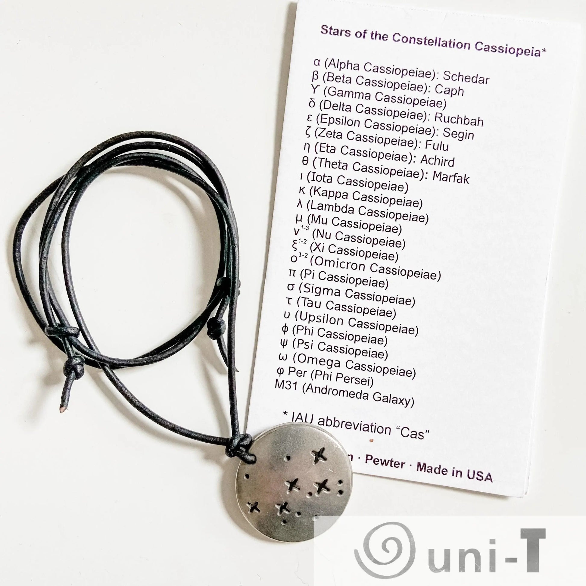 Cassiopeia Constellation Necklace with star chart card showing Greek letter labels, perfect science jewelry gift for stargazers.