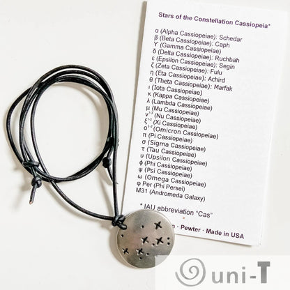 Cassiopeia Constellation Necklace with star chart card showing Greek letter labels, perfect science jewelry gift for stargazers.