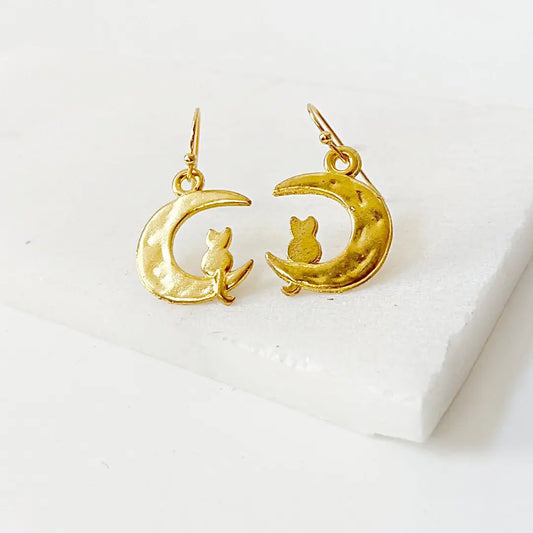 Cat Earrings - Cat and Moon Earrings in gold plated brass with ear wires. Unique gold kitty charm design for whimsical accessory lovers.
