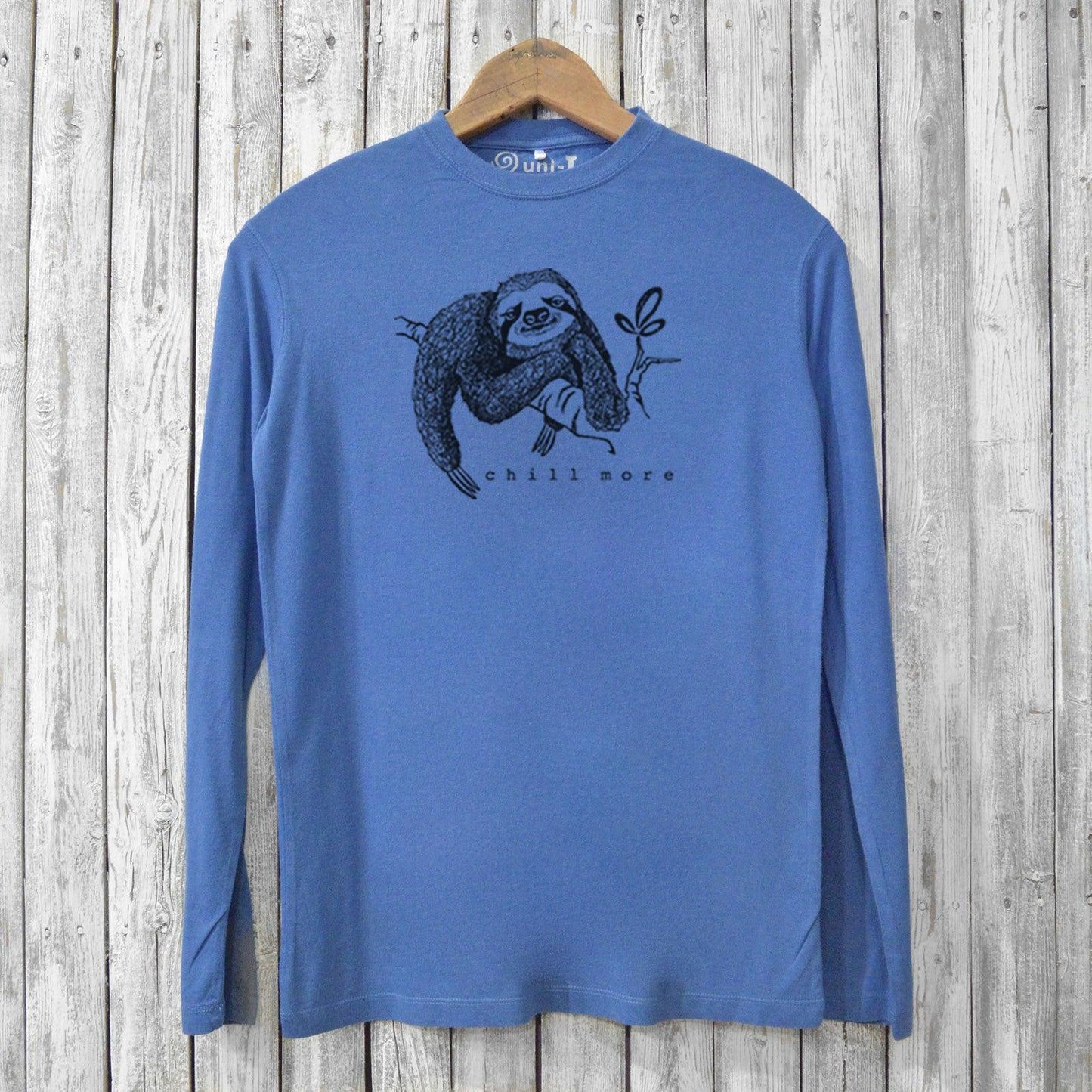 Blue 'Chill More' Sloth Long Sleeve T-shirt for men made from eco-friendly bamboo and organic cotton with relaxed fit and sloth graphic.