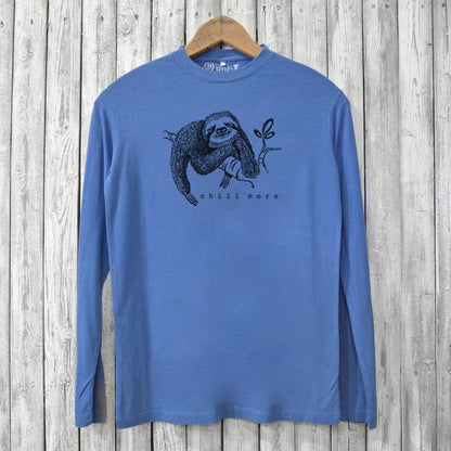 Blue 'Chill More' Sloth Long Sleeve T-shirt for men made from eco-friendly bamboo and organic cotton with relaxed fit and sloth graphic.