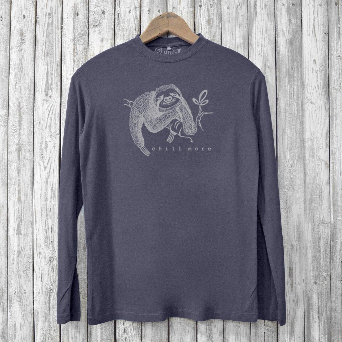 Charcoal grey Sloth Long Sleeve T-shirt for men featuring 'Chill More' text and sloth print, crafted from soft bamboo and organic cotton blend.