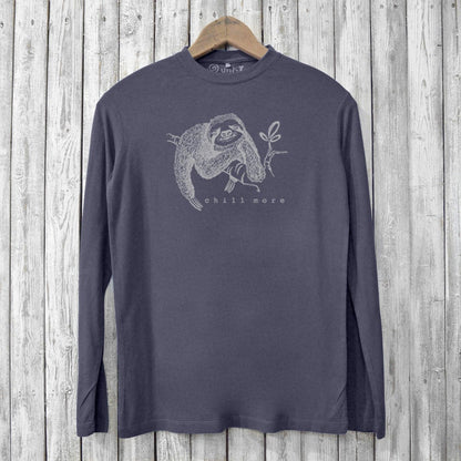 Charcoal grey Sloth Long Sleeve T-shirt for men featuring 'Chill More' text and sloth print, crafted from soft bamboo and organic cotton blend.