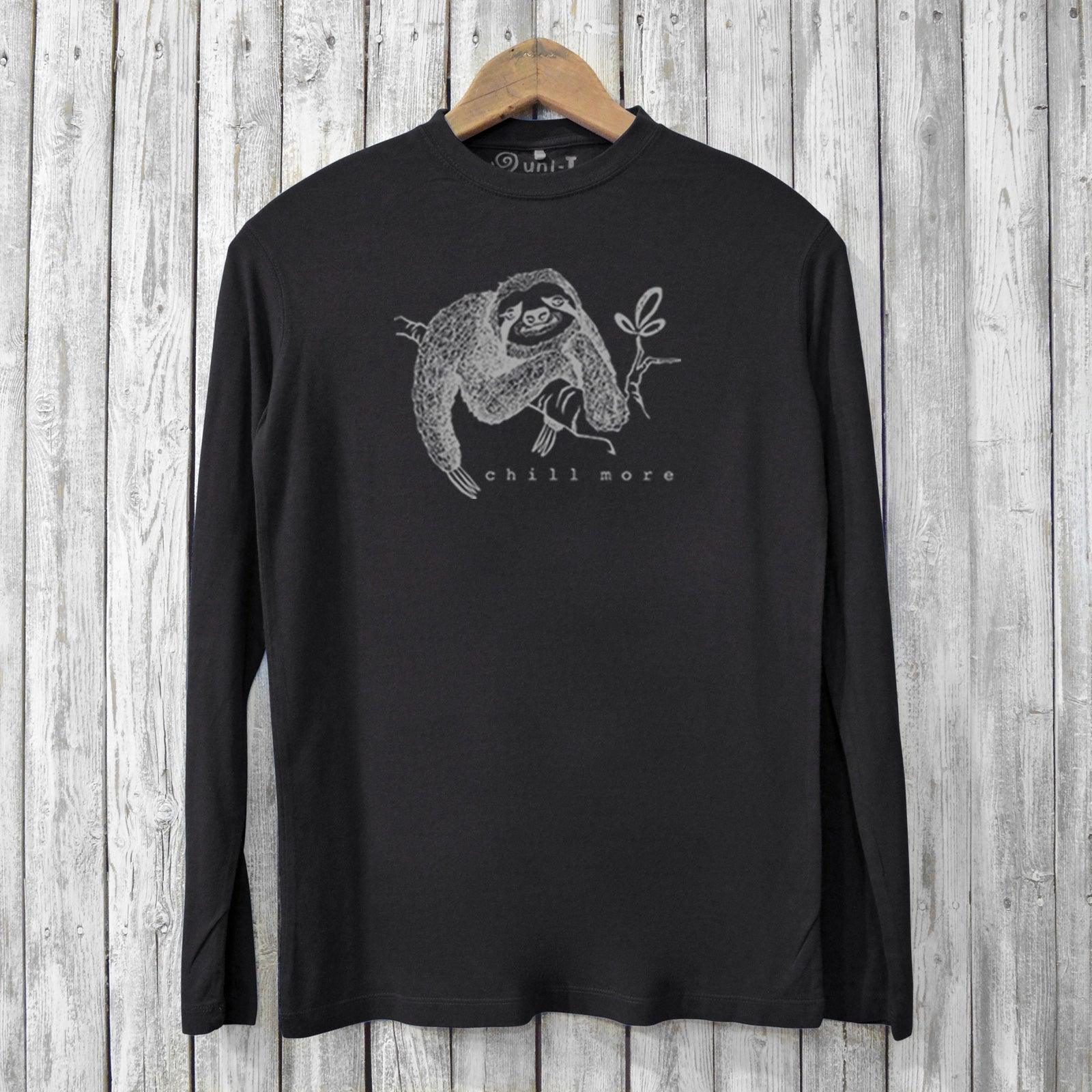 Black eco-friendly men's long sleeve shirt with sloth illustration and 'Chill More' slogan, made from bamboo and organic cotton for comfort.