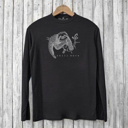 Black eco-friendly men's long sleeve shirt with sloth illustration and 'Chill More' slogan, made from bamboo and organic cotton for comfort.